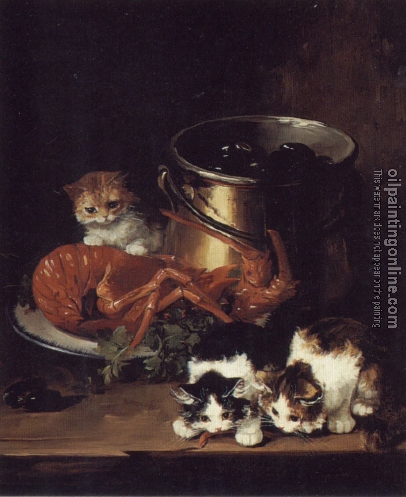 Neuville, Alfred Arthur Brunel de - Kittens with Mussels and a Lobster